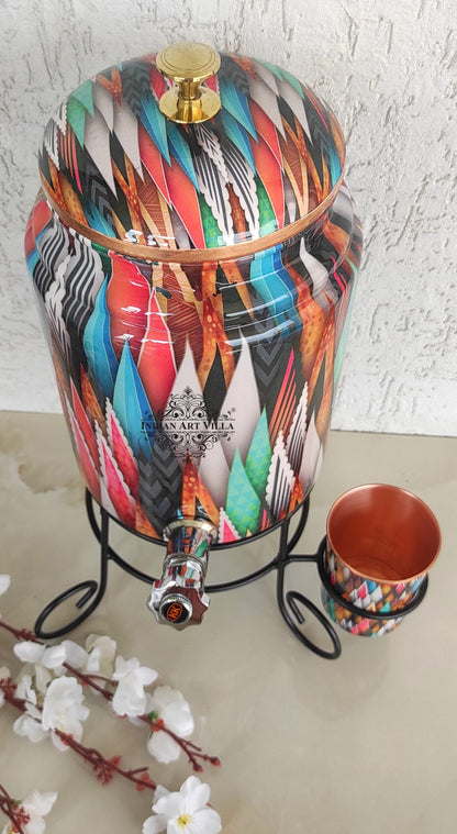 Pure Copper Colorful Spikes Printed Design Water Pot Heavy Gauge with Brass Tap & Copper Glass & Stand | Serveware | Drinkware | 5 Litres