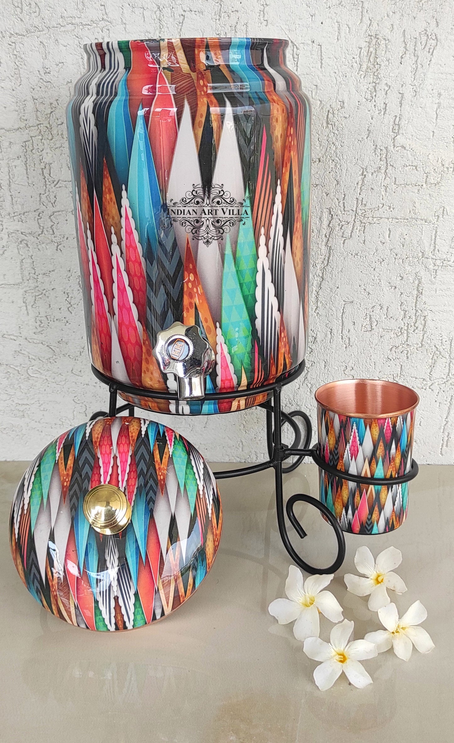 Pure Copper Colorful Spikes Printed Design Water Pot Heavy Gauge with Brass Tap & Copper Glass & Stand | Serveware | Drinkware | 5 Litres