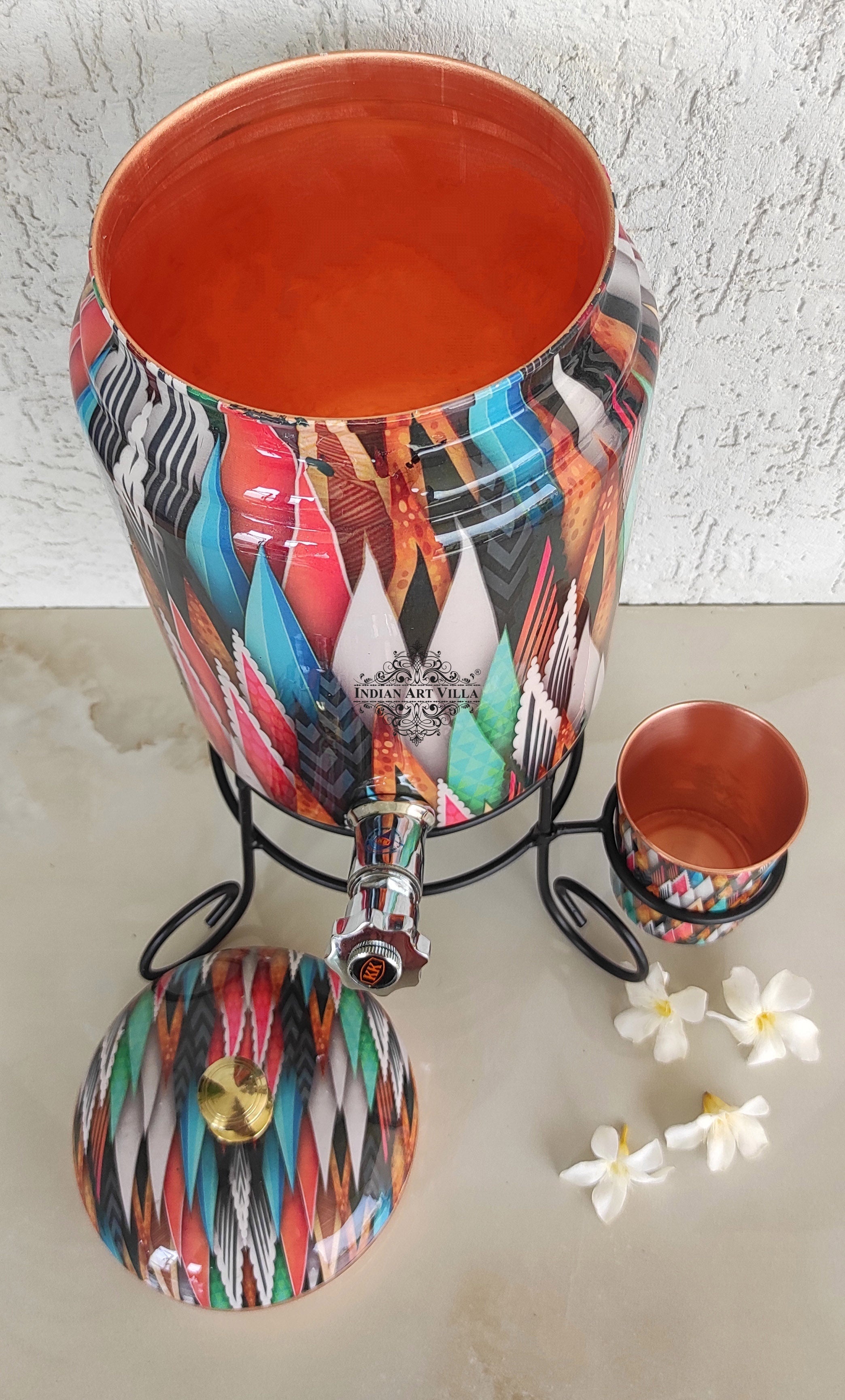 Pure Copper Colorful Spikes Printed Design Water Pot Heavy Gauge with Brass Tap & Copper Glass & Stand | Serveware | Drinkware | 5 Litres