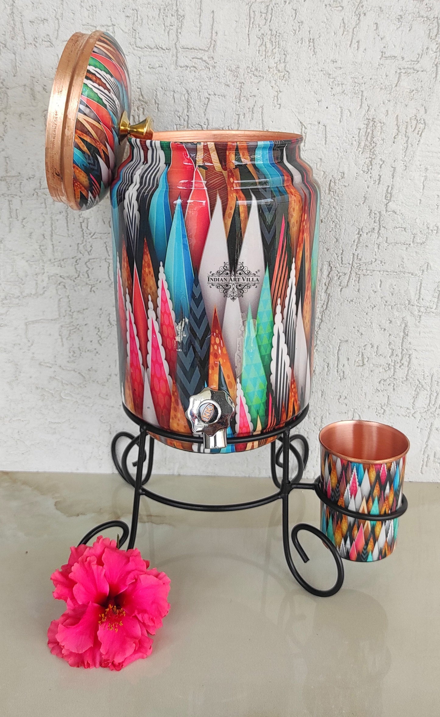 Pure Copper Colorful Spikes Printed Design Water Pot Heavy Gauge with Brass Tap & Copper Glass & Stand | Serveware | Drinkware | 5 Litres
