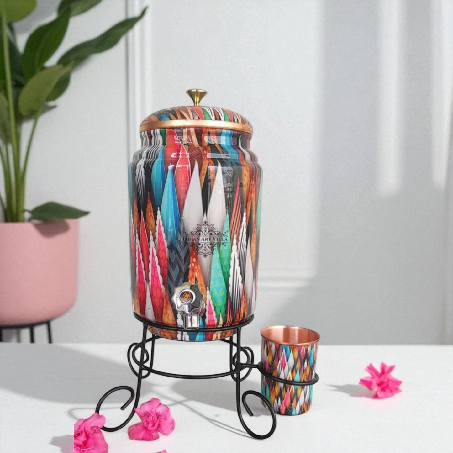 Pure Copper Colorful Spikes Printed Design Water Pot Heavy Gauge with Brass Tap & Copper Glass & Stand | Serveware | Drinkware | 5 Litres