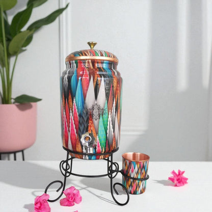 Pure Copper Colorful Spikes Printed Design Water Pot Heavy Gauge with Brass Tap & Copper Glass & Stand | Serveware | Drinkware | 5 Litres