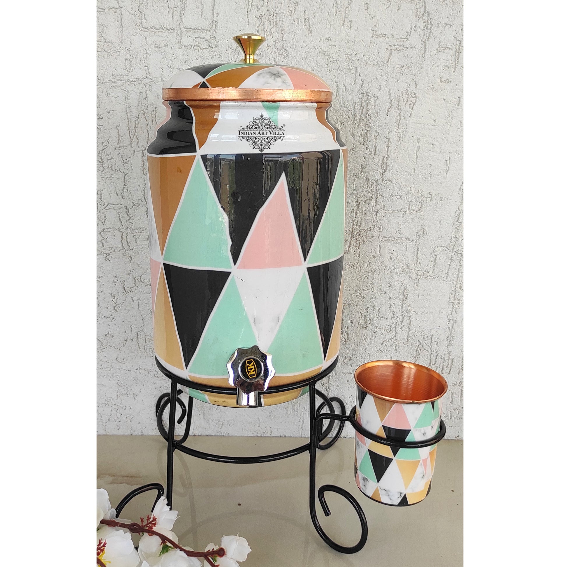 Copper Colorful Triangle Printed Design Water Pot With Stand & Glass | 5 Litres