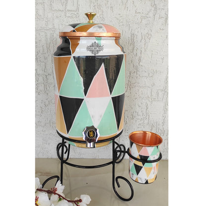 Copper Colorful Triangle Printed Design Water Pot With Stand & Glass | 5 Litres