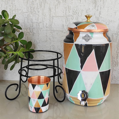 Copper Colorful Triangle Printed Design Water Pot With Stand & Glass | 5 Litres