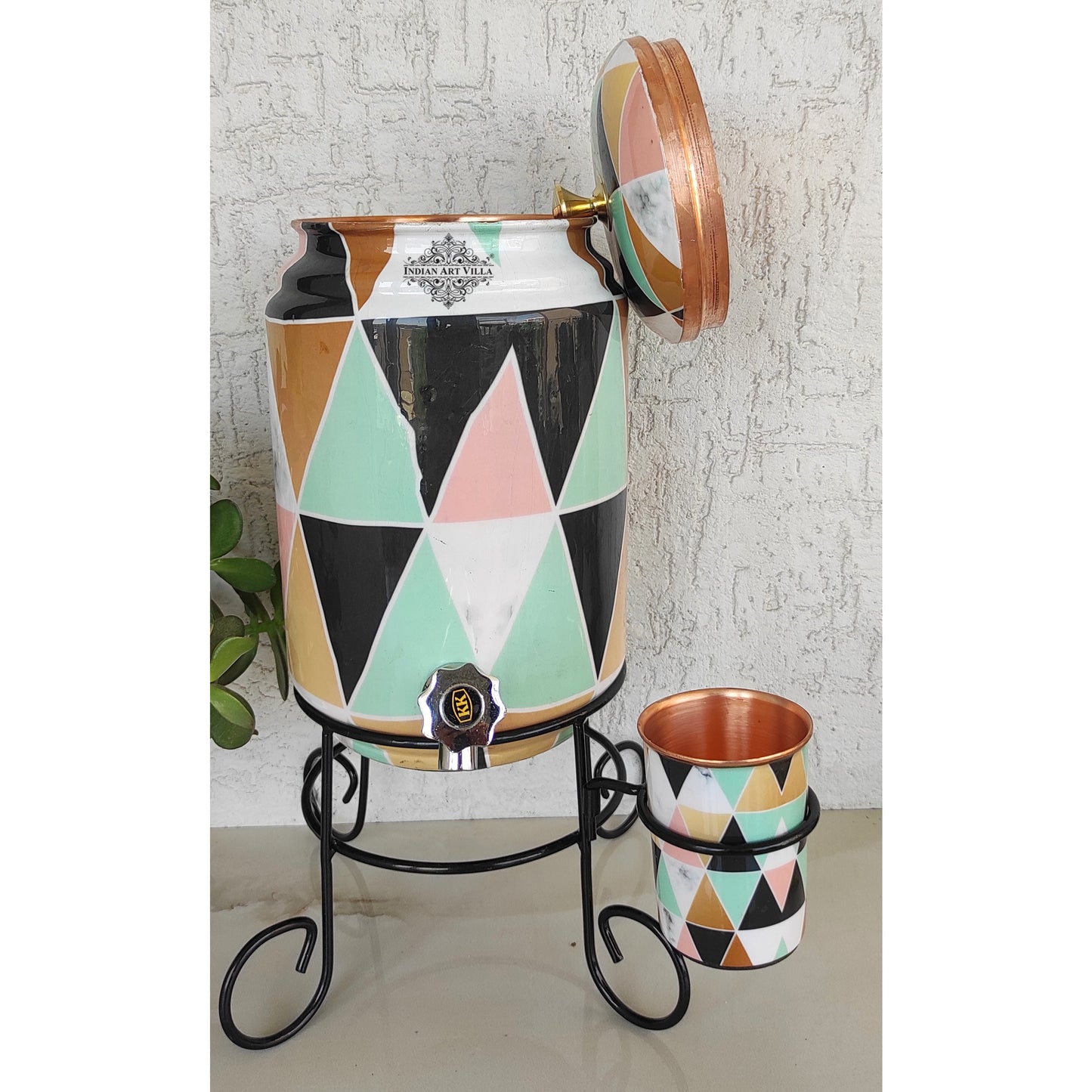 Copper Colorful Triangle Printed Design Water Pot With Stand & Glass | 5 Litres