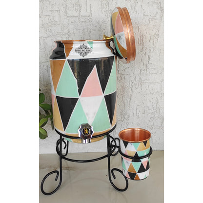 Copper Colorful Triangle Printed Design Water Pot With Stand & Glass | 5 Litres