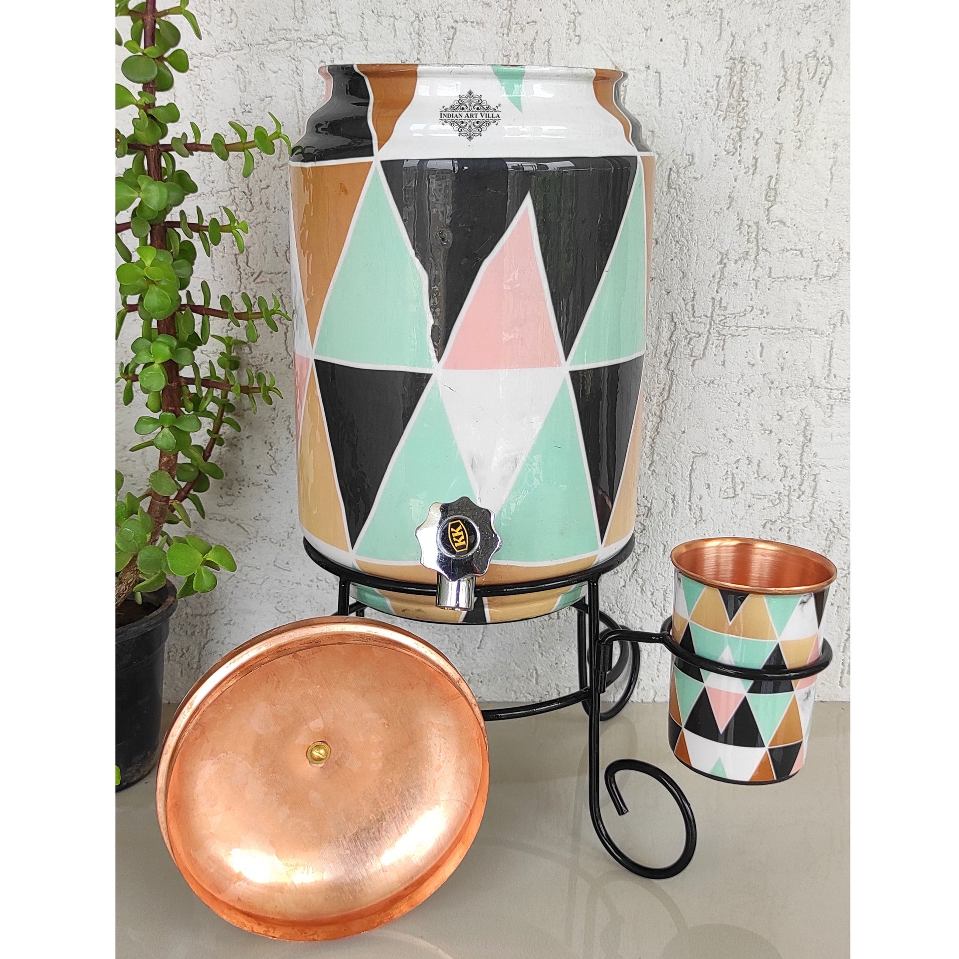 Copper Colorful Triangle Printed Design Water Pot With Stand & Glass | 5 Litres