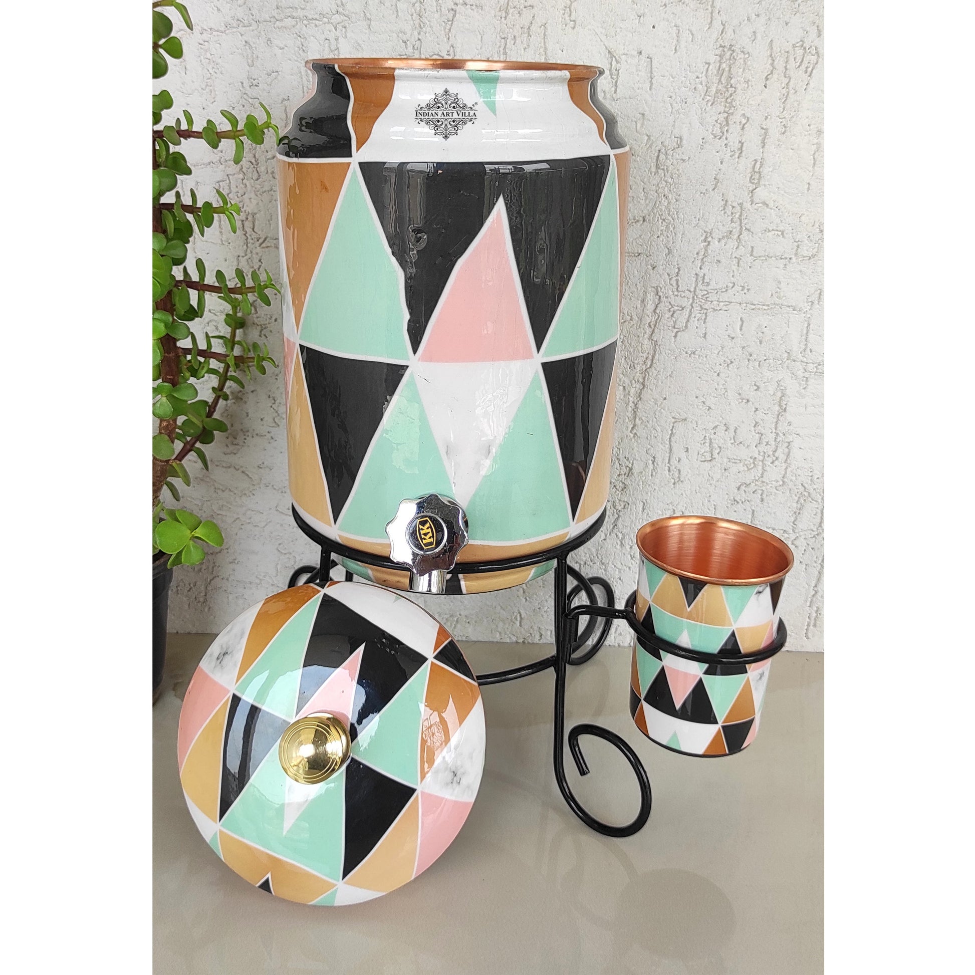 Copper Colorful Triangle Printed Design Water Pot With Stand & Glass | 5 Litres