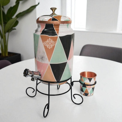 Copper Colorful Triangle Printed Design Water Pot With Stand & Glass | 5 Litres