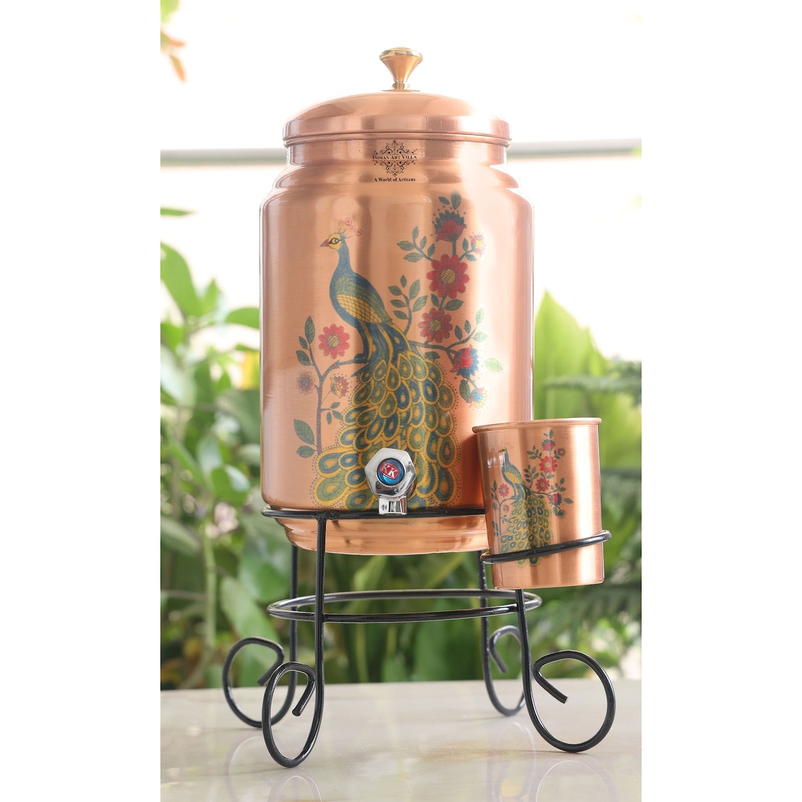 Handmade Pure Copper Water Pot with Stand & Glass, Peacock Printed Design, 5 Ltr.