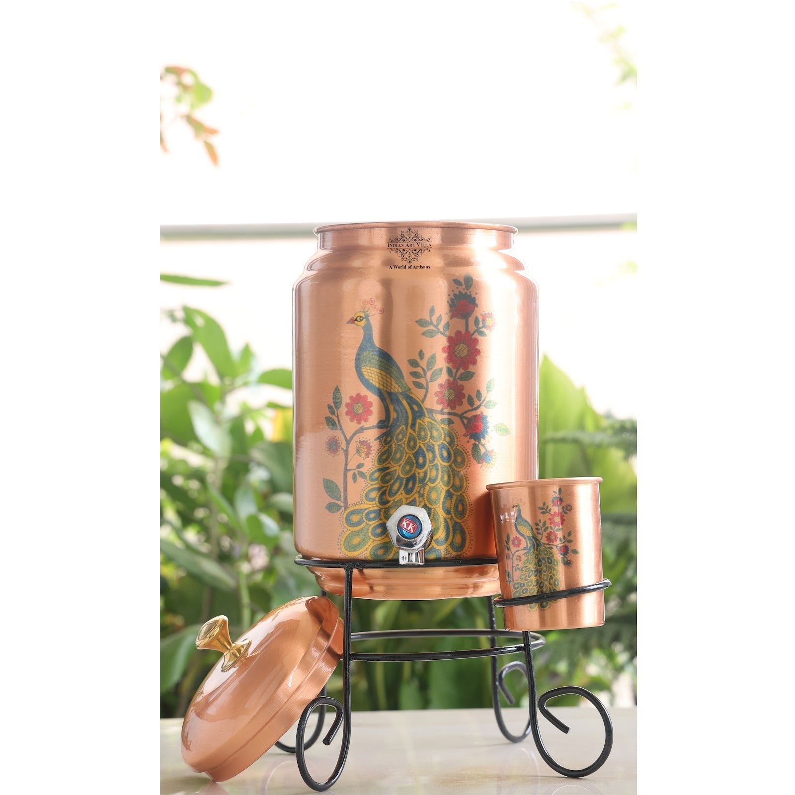 Handmade Pure Copper Water Pot with Stand & Glass, Peacock Printed Design, 5 Ltr.