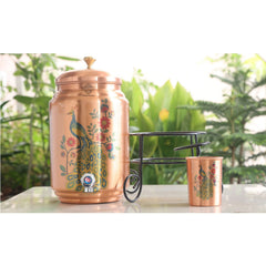 Handmade Pure Copper Water Pot with Stand & Glass, Peacock Printed Design, 5 Ltr.