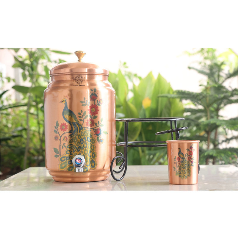 Handmade Pure Copper Water Pot with Stand & Glass, Peacock Printed Design, 5 Ltr.