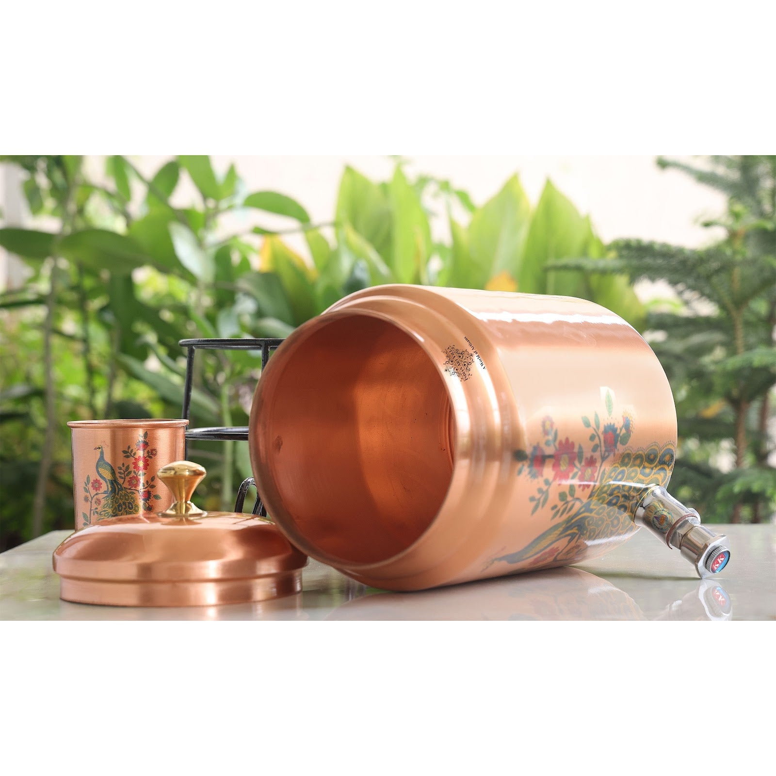 Handmade Pure Copper Water Pot with Stand & Glass, Peacock Printed Design, 5 Ltr.