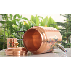 Handmade Pure Copper Water Pot with Stand & Glass, Peacock Printed Design, 5 Ltr.