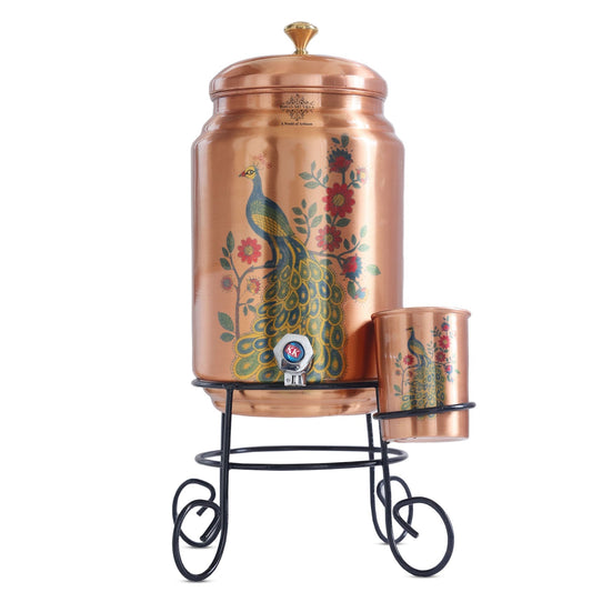 Handmade Pure Copper Water Pot with Stand & Glass, Peacock Printed Design, 5 Ltr.