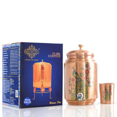 Handmade Pure Copper Water Pot with Stand & Glass, Peacock Printed Design, 5 Ltr.