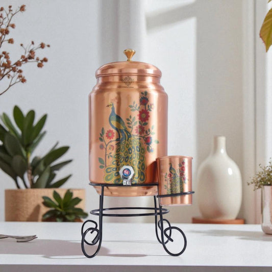 Handmade Pure Copper Water Pot with Stand & Glass, Peacock Printed Design, 5 Ltr.