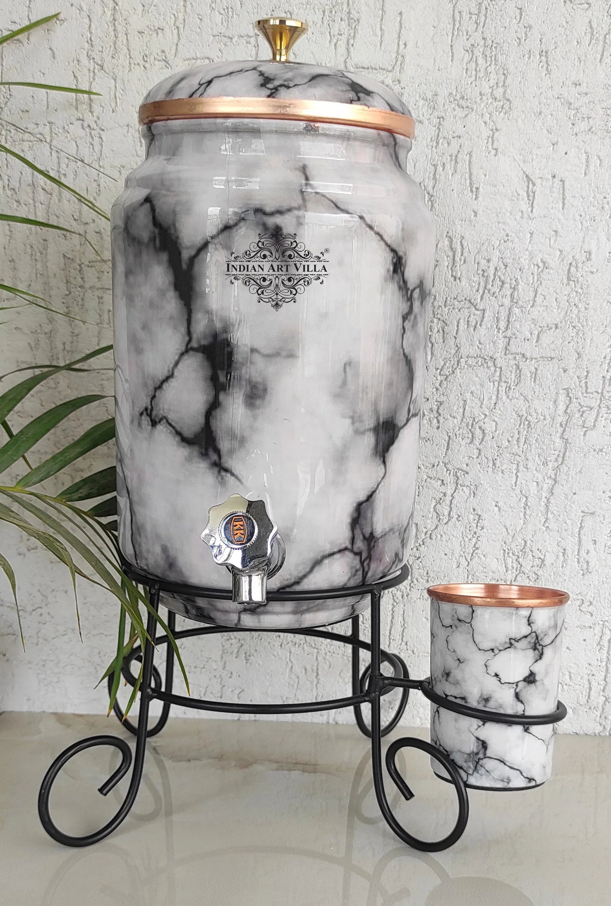 Copper White & Black Marble Printed Design Water Pot With Stand & Glass, 5 Liter