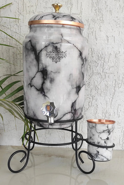 Copper White & Black Marble Printed Design Water Pot With Stand & Glass, 5 Liter