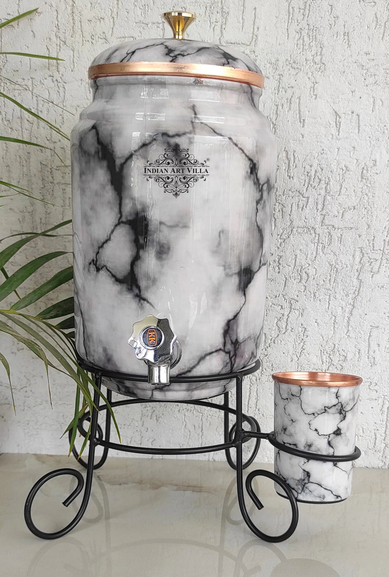 Copper White & Black Marble Printed Design Water Pot With Stand & Glass, 5 Liter