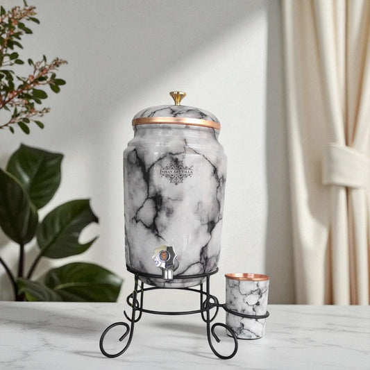 Copper White & Black Marble Printed Design Water Pot With Stand & Glass, 5 Liter