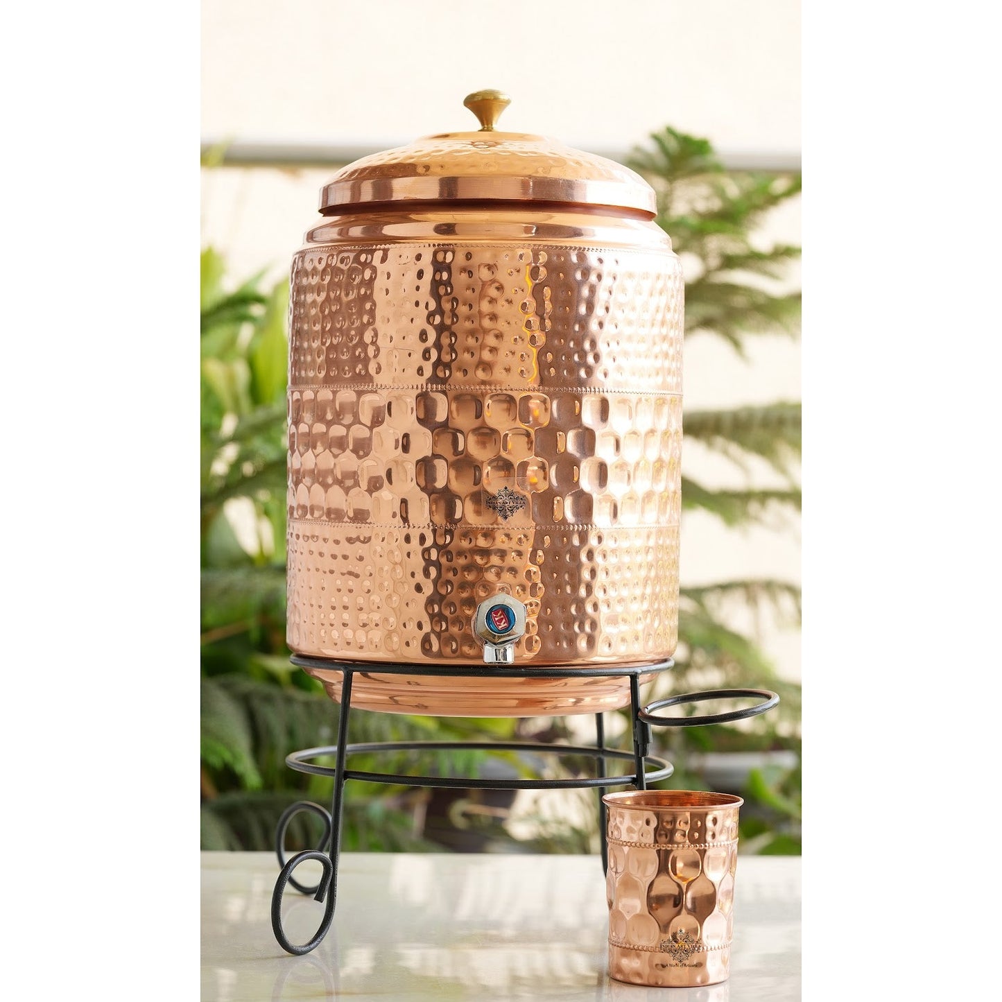Pure Copper Diamond Hammered Design Water Pot Heavy Gauge with Brass Tap & Copper Glass & Stand