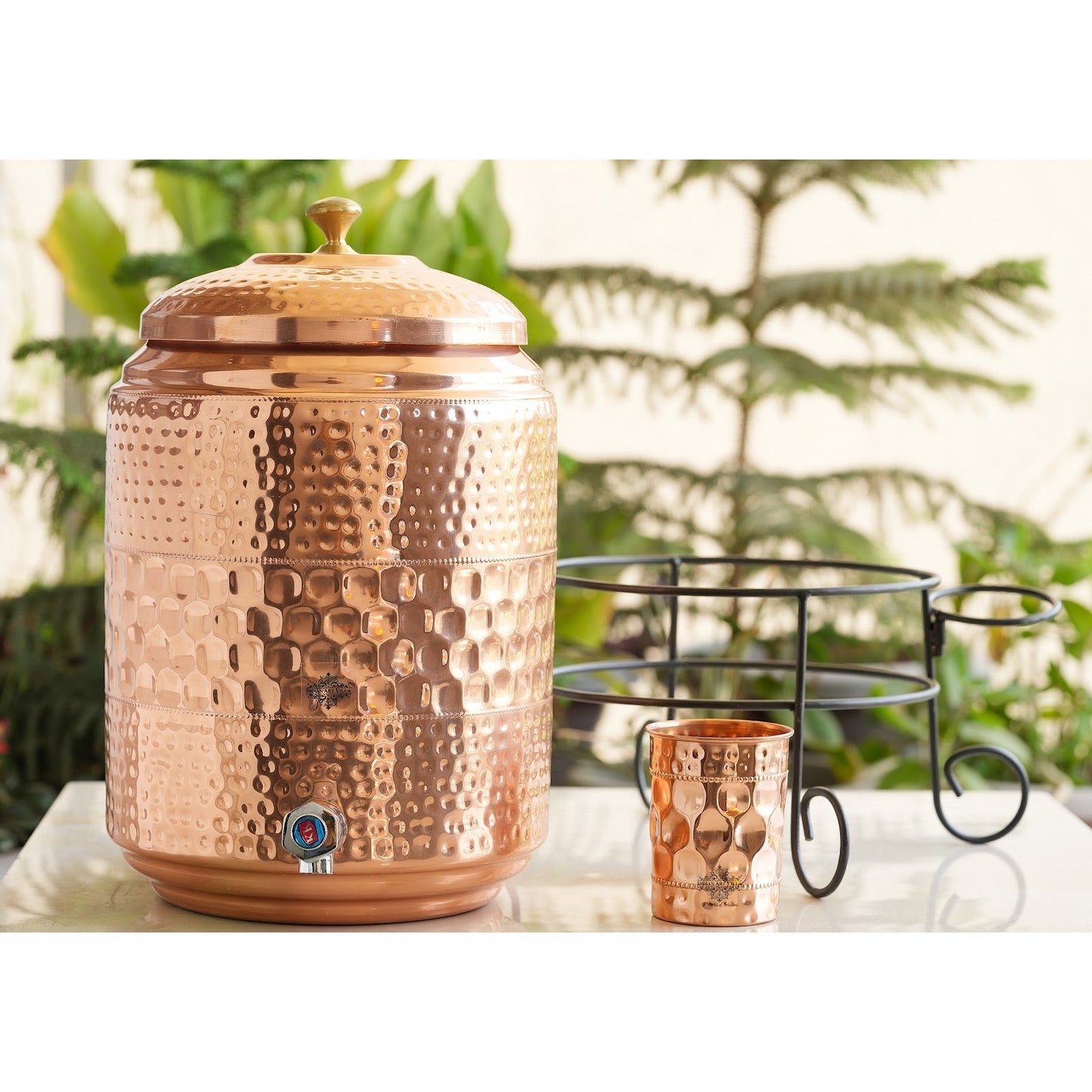 Pure Copper Diamond Hammered Design Water Pot Heavy Gauge with Brass Tap & Copper Glass & Stand