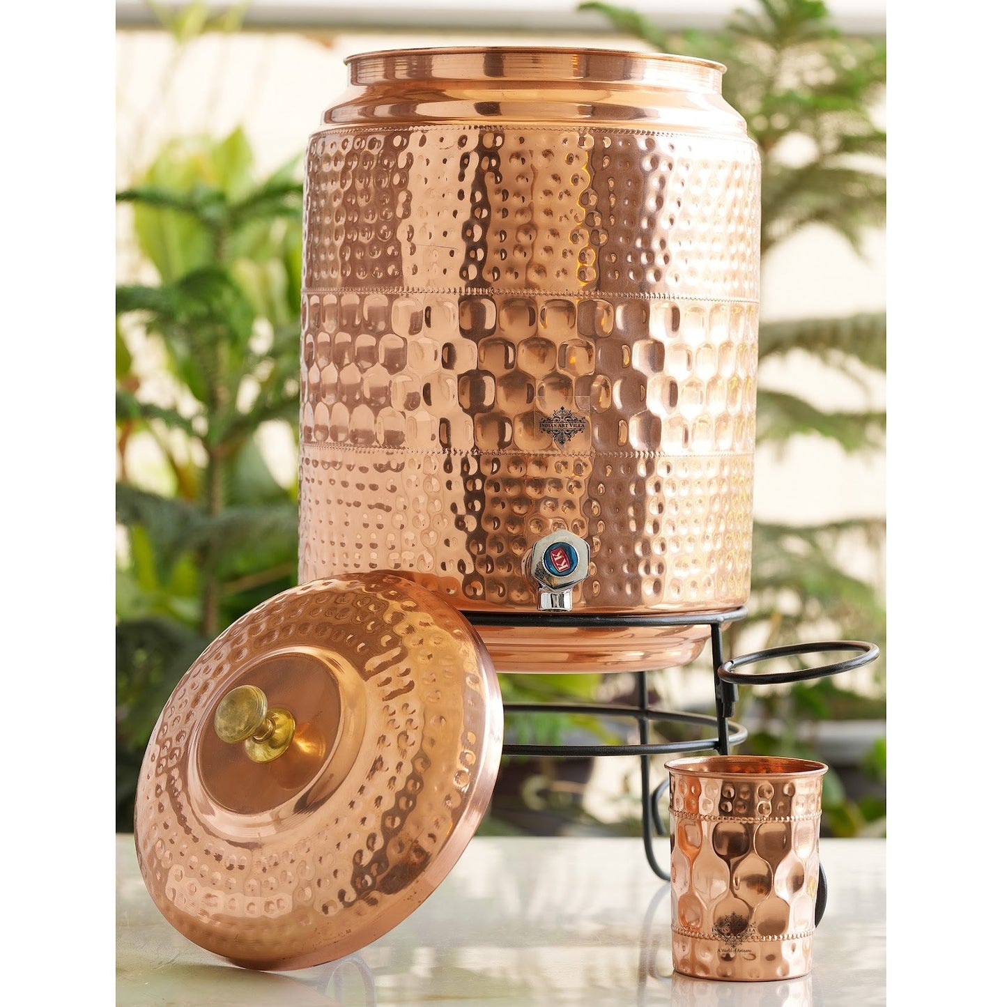 Pure Copper Diamond Hammered Design Water Pot Heavy Gauge with Brass Tap & Copper Glass & Stand