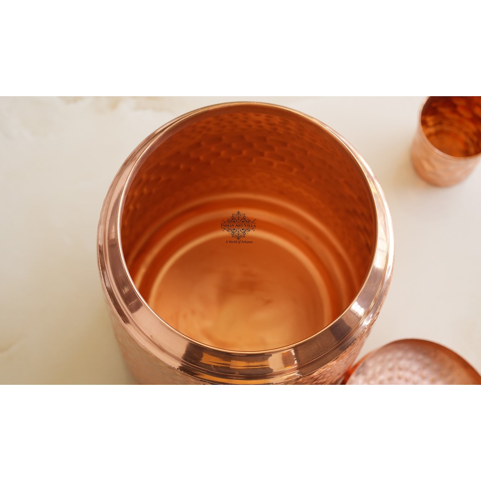 Pure Copper Diamond Hammered Design Water Pot Heavy Gauge with Brass Tap & Copper Glass & Stand