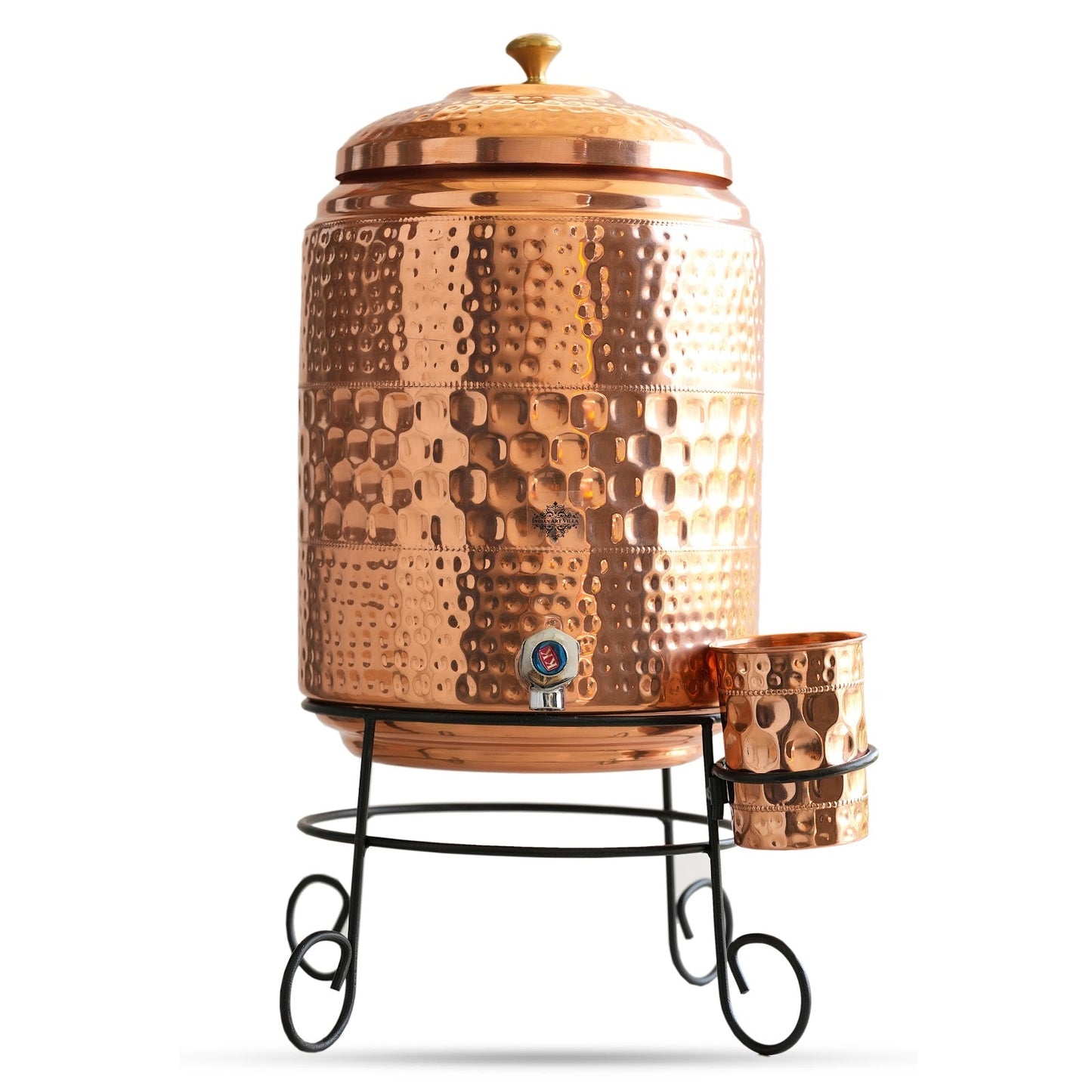 Pure Copper Diamond Hammered Design Water Pot Heavy Gauge with Brass Tap & Copper Glass & Stand