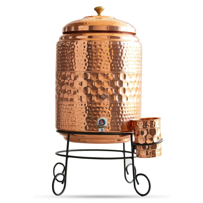 Pure Copper Diamond Hammered Design Water Pot Heavy Gauge with Brass Tap & Copper Glass & Stand