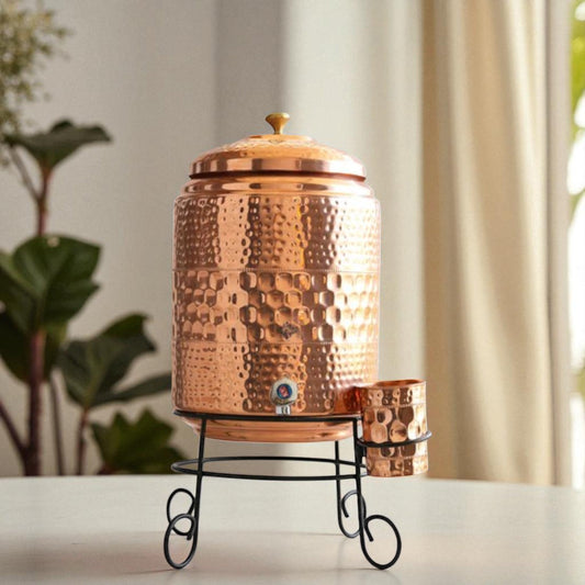 Pure Copper Diamond Hammered Design Water Pot Heavy Gauge with Brass Tap & Copper Glass & Stand