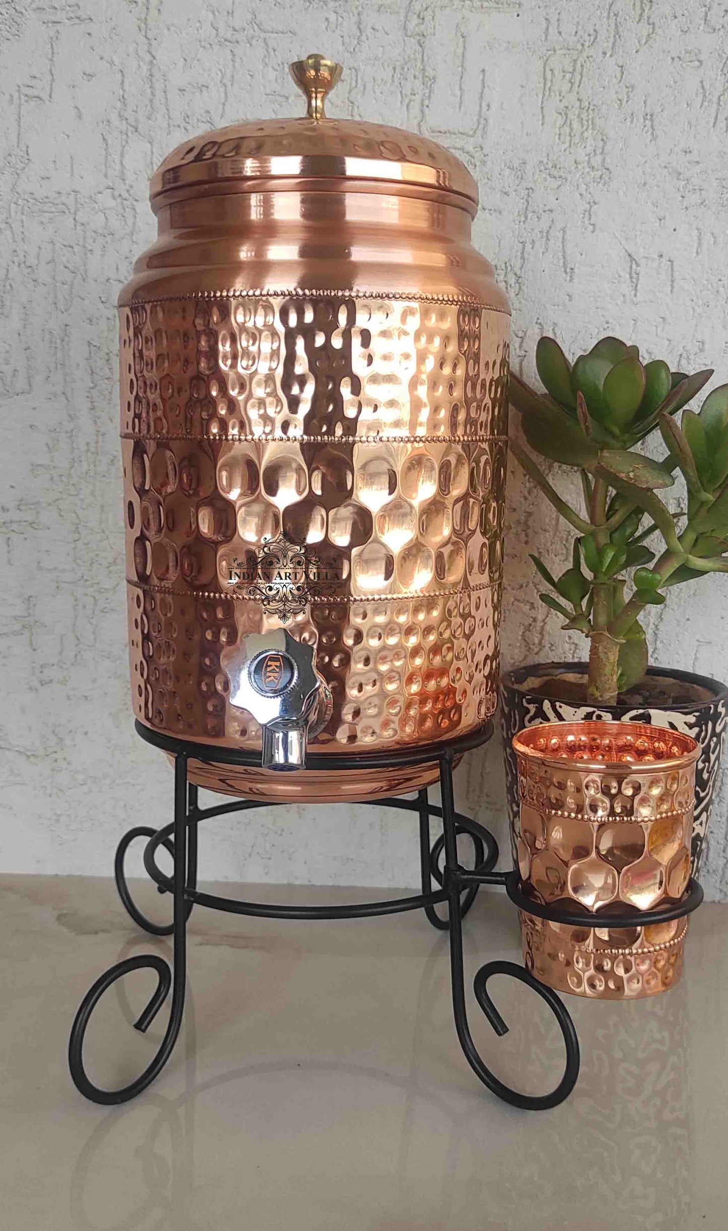 Copper Diamond Hammered Design Water Pot With Glass & Stand | 5 Litres