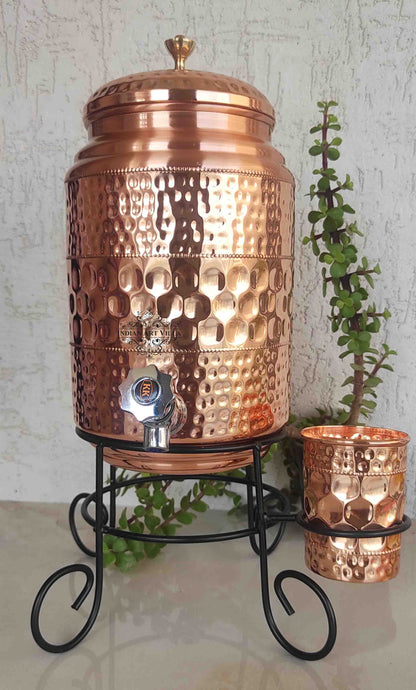 Copper Diamond Hammered Design Water Pot With Glass & Stand | 5 Litres