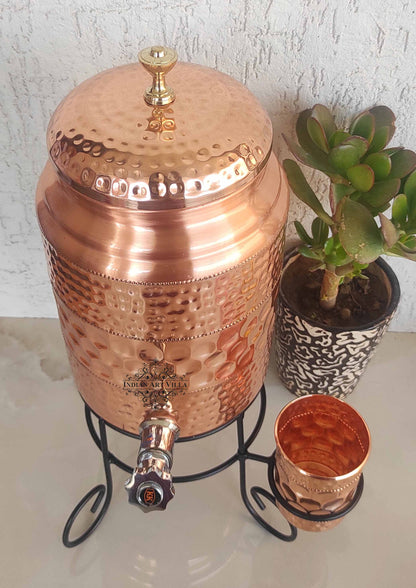 Copper Diamond Hammered Design Water Pot With Glass & Stand | 5 Litres