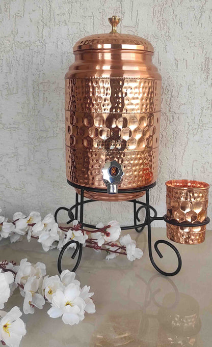 Copper Diamond Hammered Design Water Pot With Glass & Stand | 5 Litres