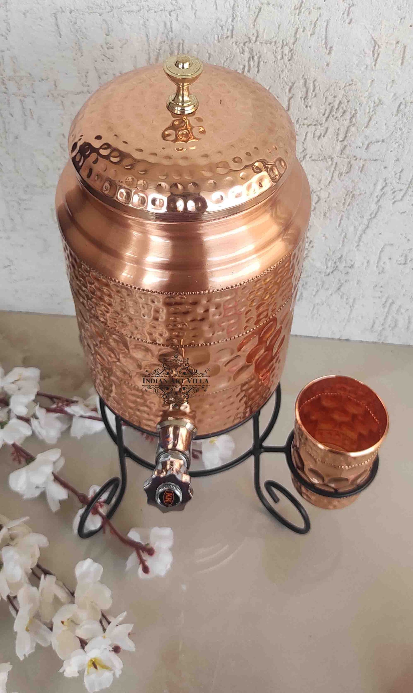 Copper Diamond Hammered Design Water Pot With Glass & Stand | 5 Litres