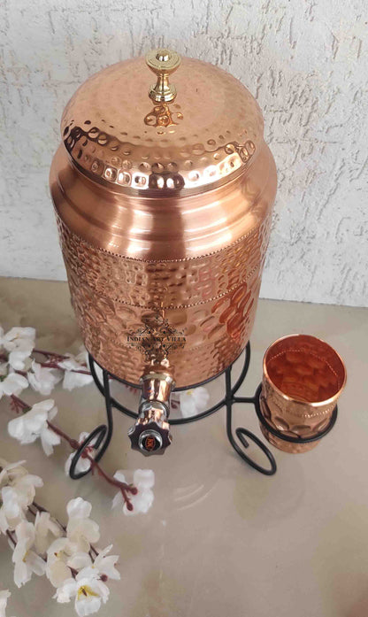 Copper Diamond Hammered Design Water Pot With Glass & Stand | 5 Litres