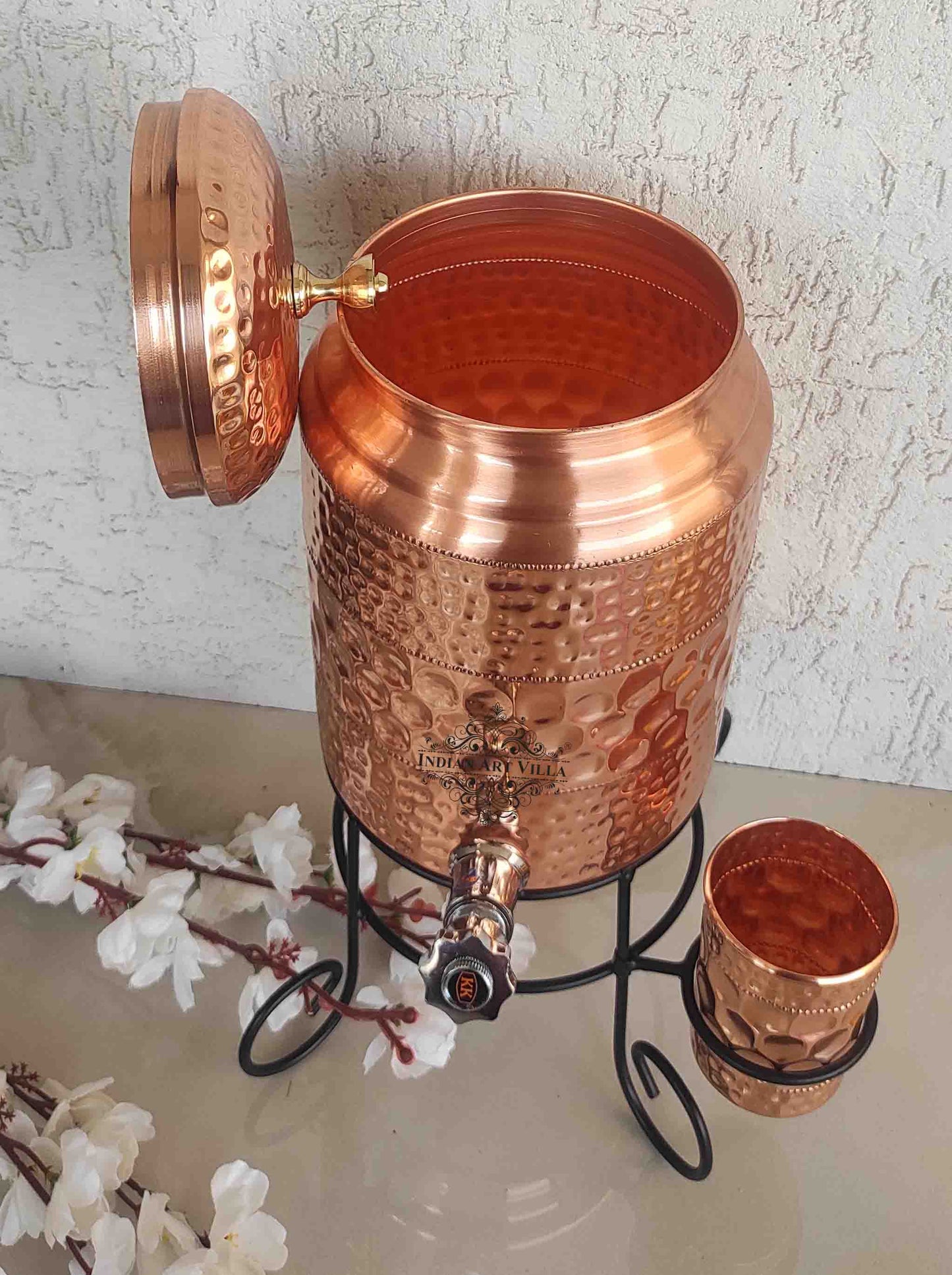 Copper Diamond Hammered Design Water Pot With Glass & Stand | 5 Litres