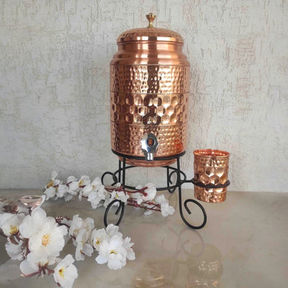 Copper Diamond Hammered Design Water Pot With Glass & Stand | 5 Litres