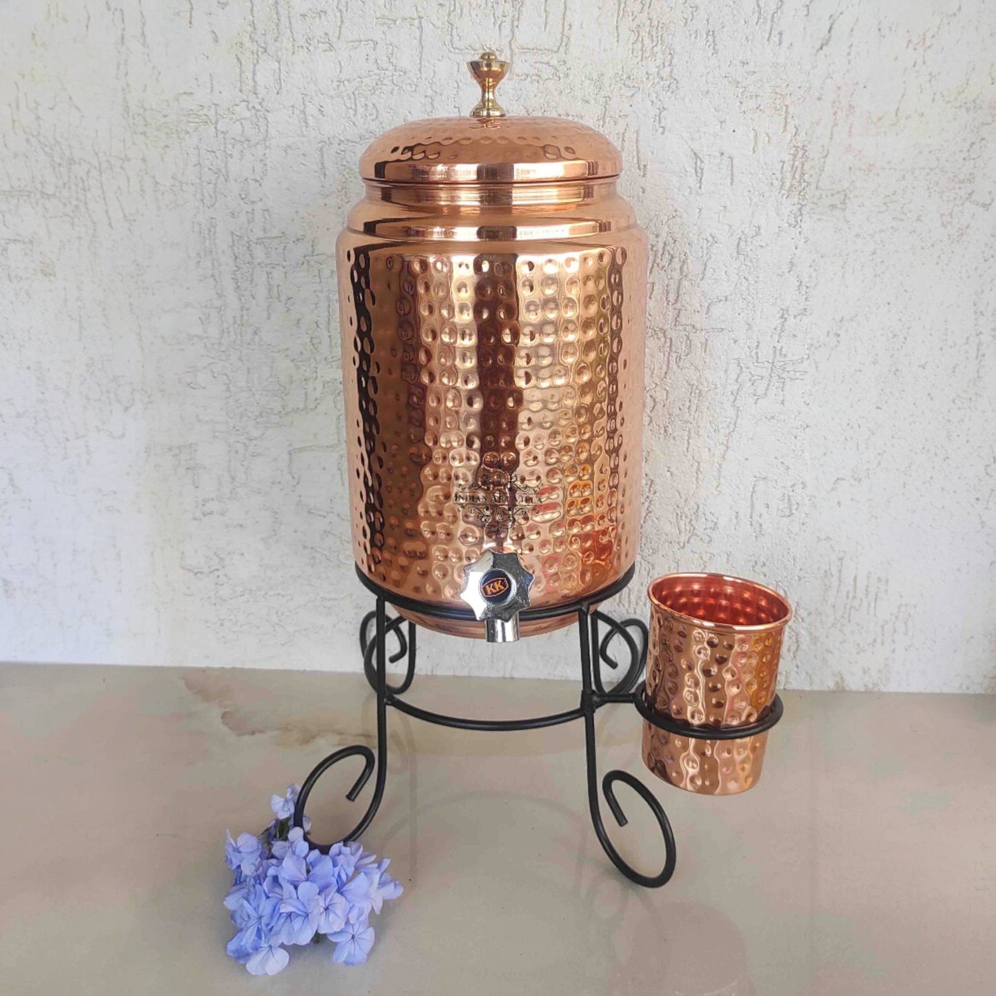Copper Hammered Design Water Pot With Glass & Stand | 5 Litres