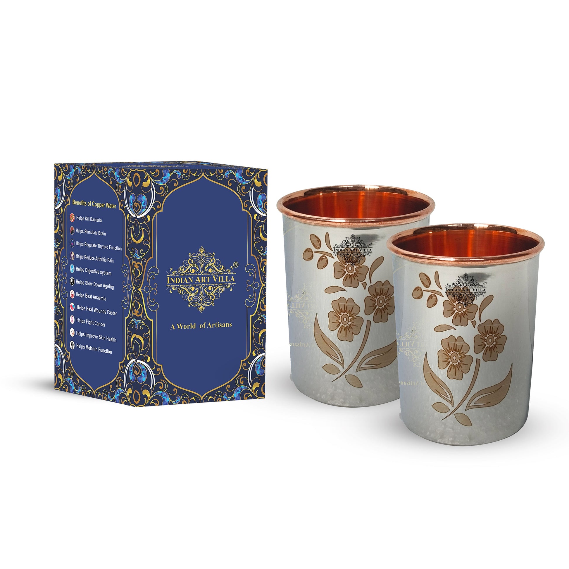 Pure Steel Copper Engraved Floral Design Glass -300 ML