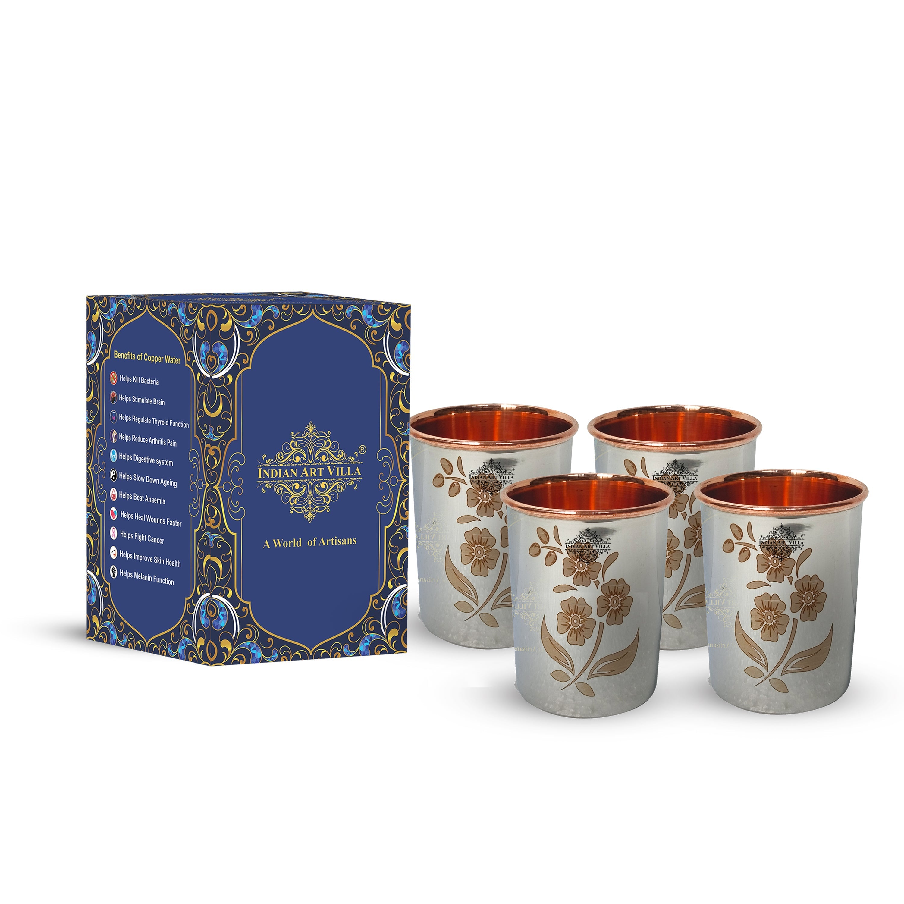 Pure Steel Copper Engraved Floral Design Glass -300 ML