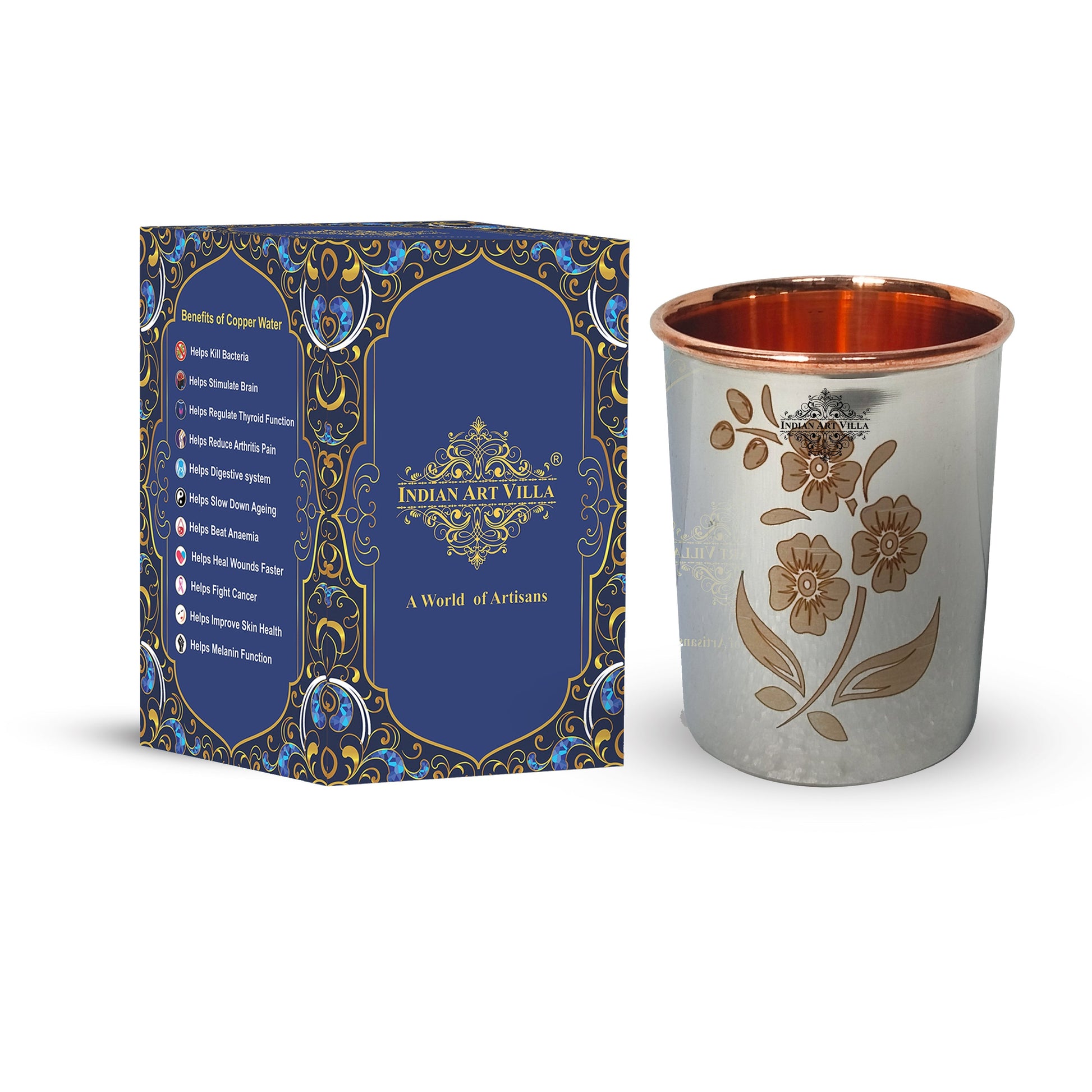 Pure Steel Copper Engraved Floral Design Glass -300 ML