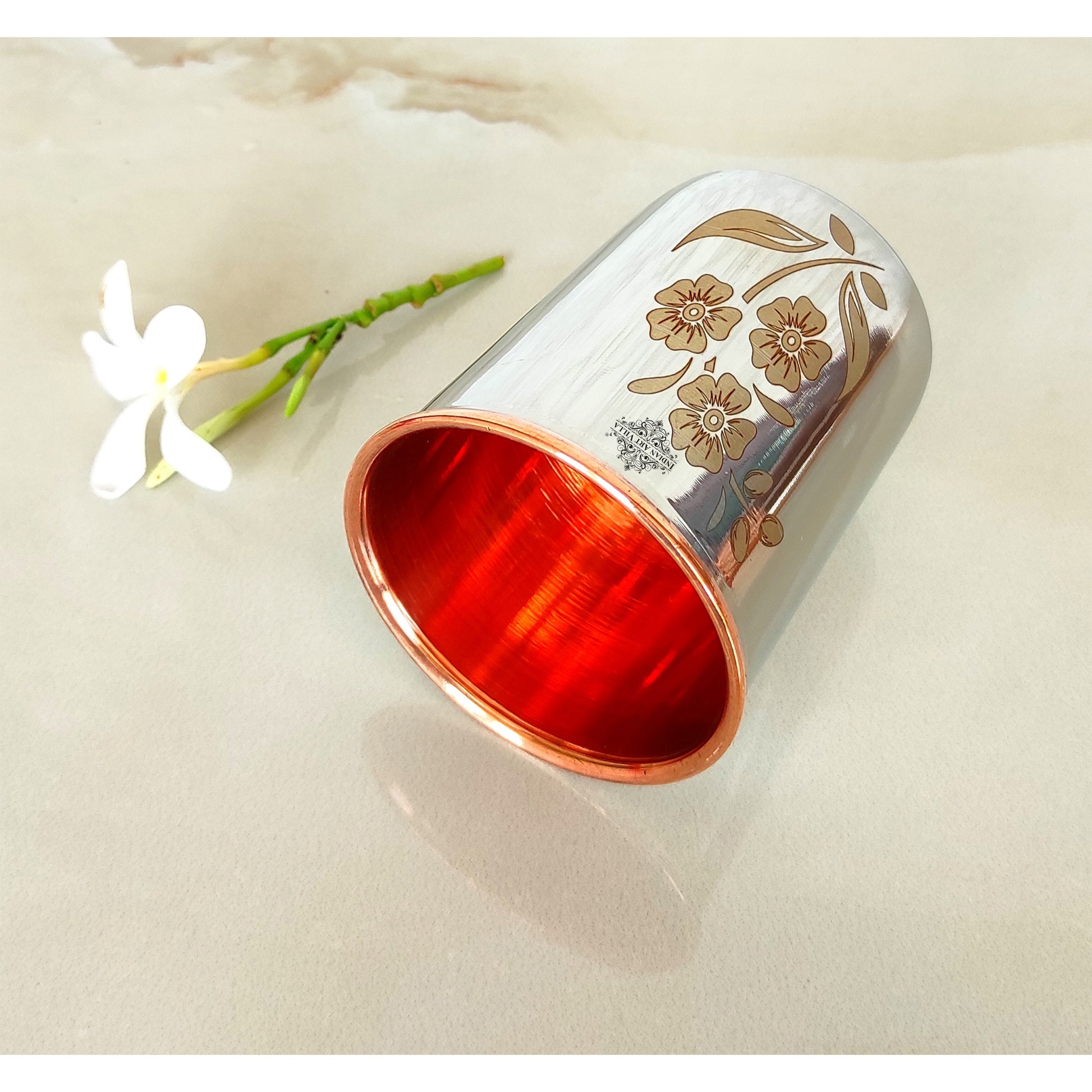 Pure Steel Copper Engraved Floral Design Glass -300 ML