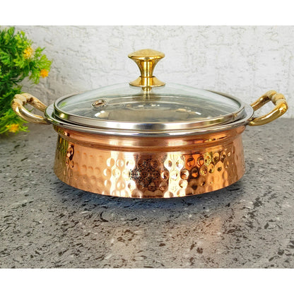 Steel Copper Handi/Casserole Bowl With Induction Bottom & Brass Knob and Handle, Cookware, Serveware, Tableware, Dinnerware