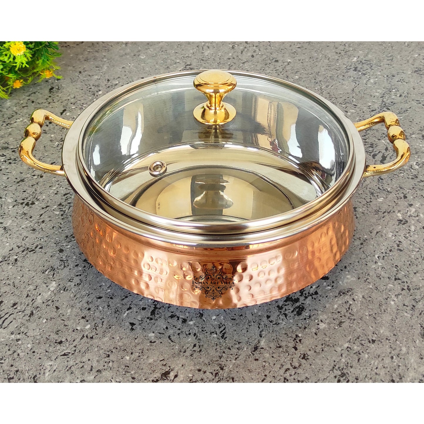 Steel Copper Handi/Casserole Bowl With Induction Bottom & Brass Knob and Handle, Cookware, Serveware, Tableware, Dinnerware