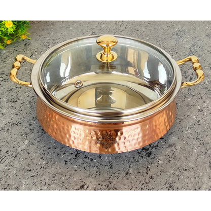 Steel Copper Handi/Casserole Bowl With Induction Bottom & Brass Knob and Handle, Cookware, Serveware, Tableware, Dinnerware